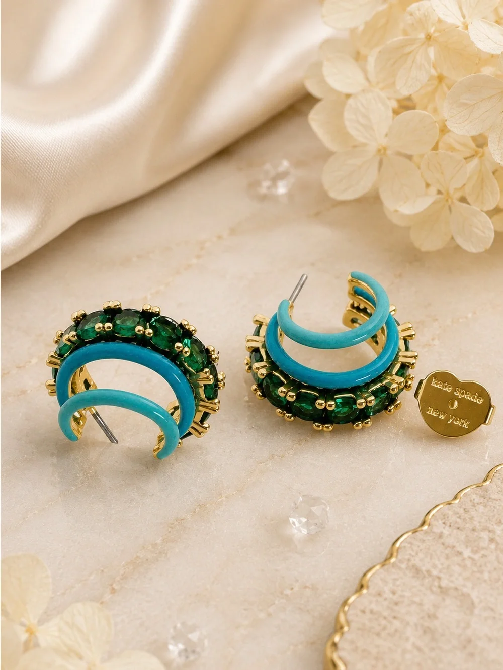 Kate Spade Hint of Shimmer Stacked Huggie Earrings in Turquoise.
